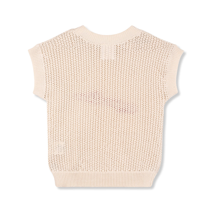 top s/s crochet knit logo sweater - ecru