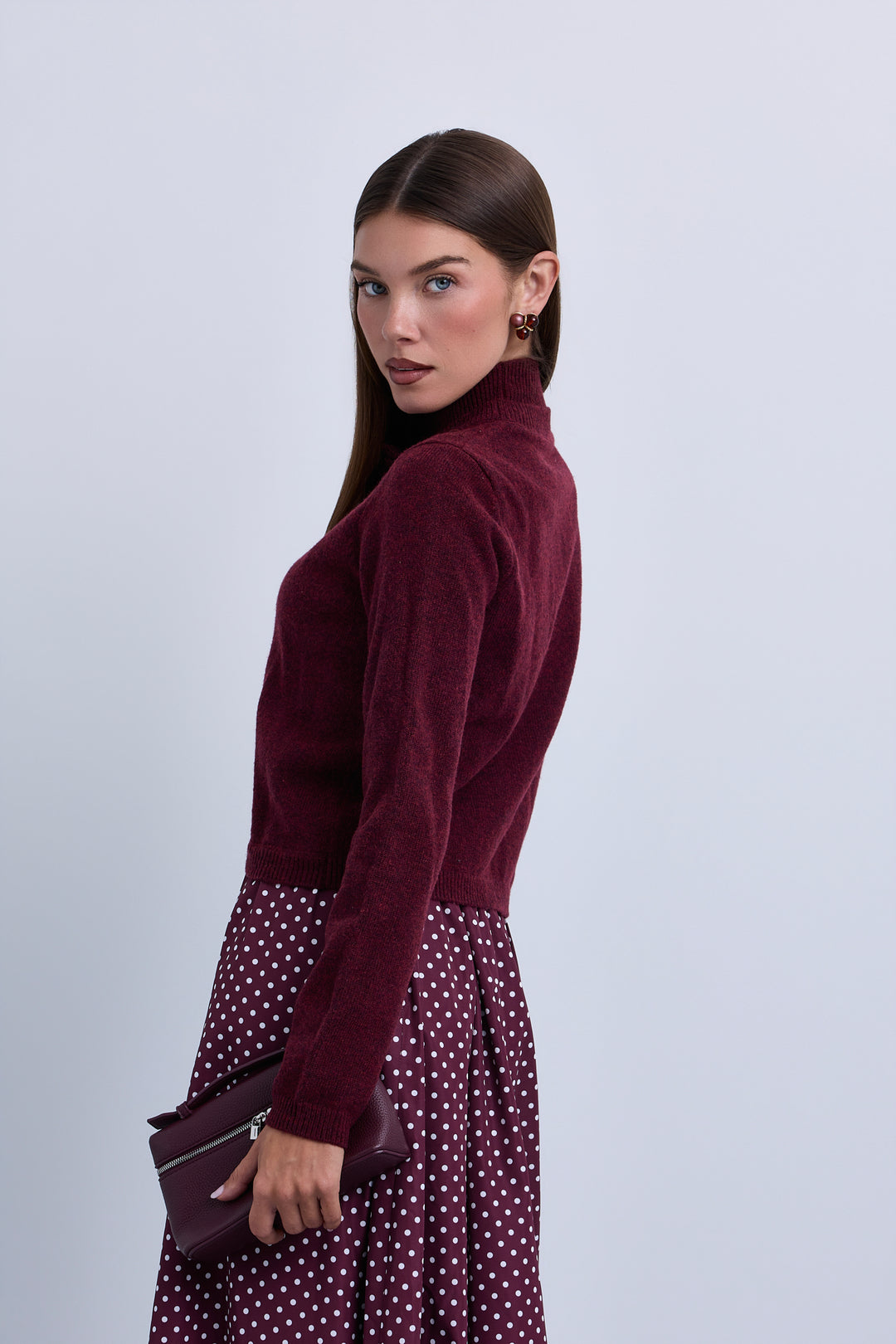 top l/s knit twinset with flower - burgundy