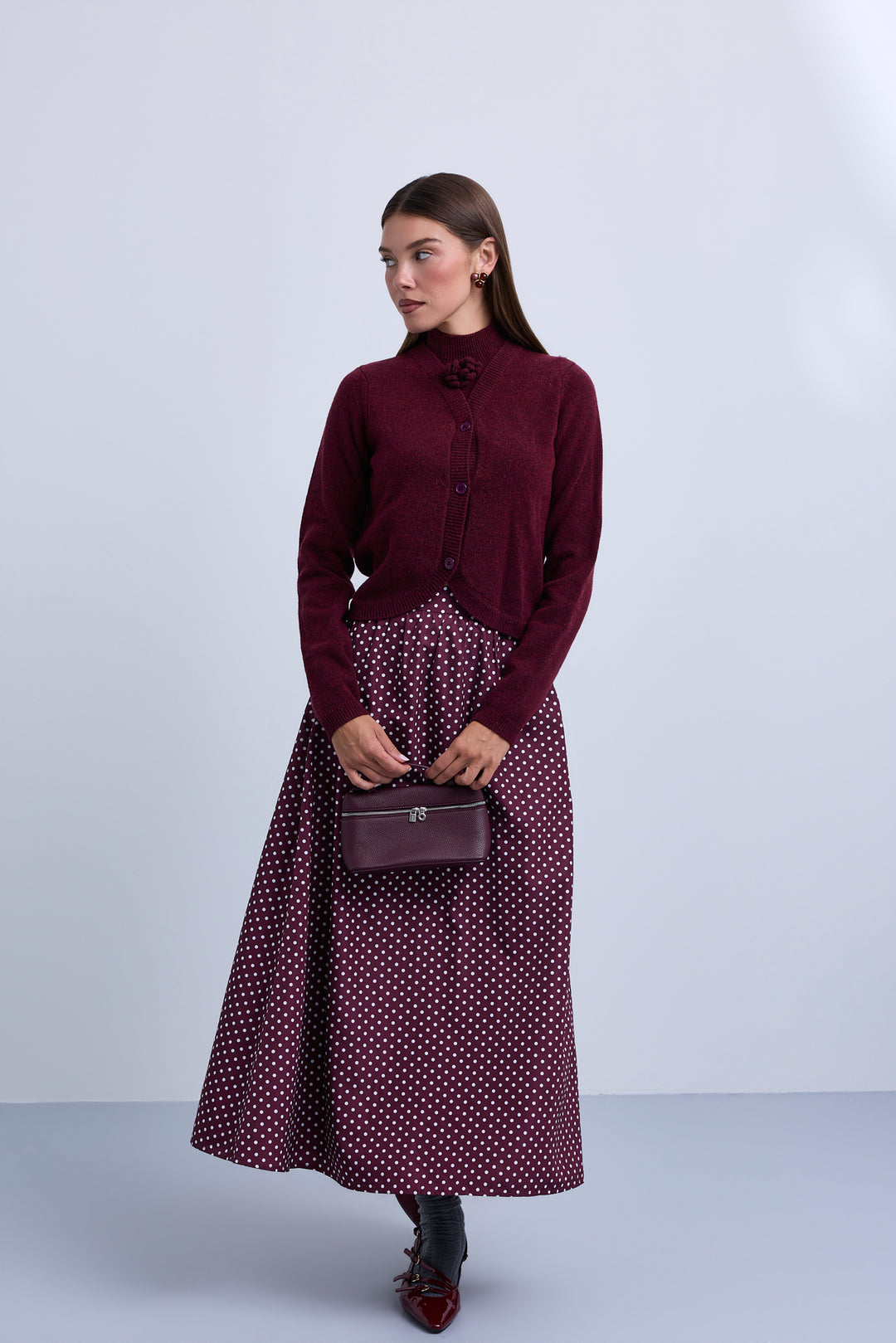 top l/s knit twinset with flower - burgundy
