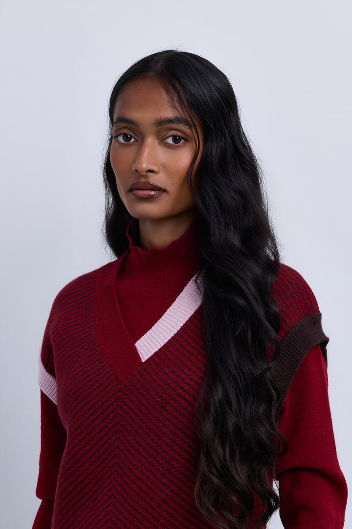 top l/s knit geo lines - burgundy