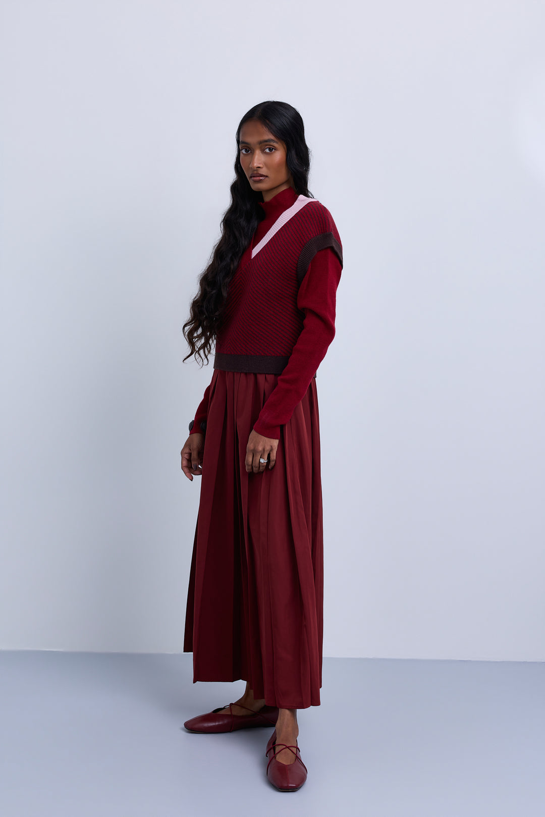 top l/s knit geo lines - burgundy