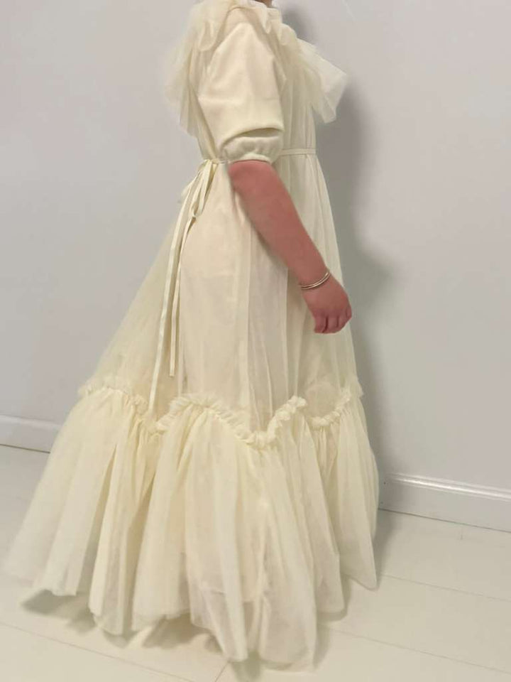 gown tulle maxi with ruffle bib - champaign