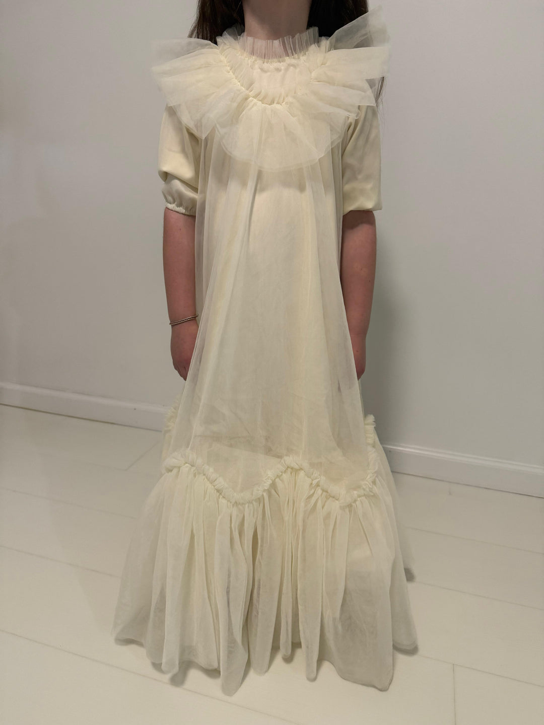 gown tulle maxi with ruffle bib - champaign
