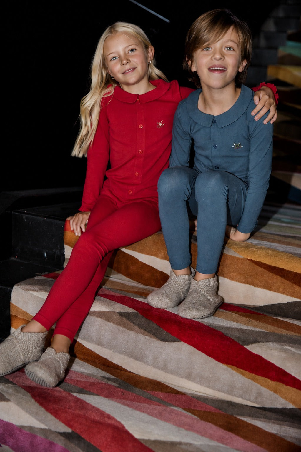 pajamas embroidered pocket ruffle grandpa shirt and pants - crimson-145