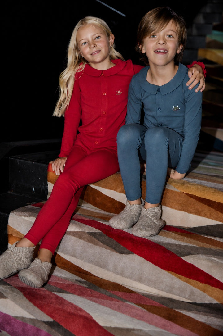 pajamas embroidered pocket ruffle grandpa shirt and pants - crimson-145
