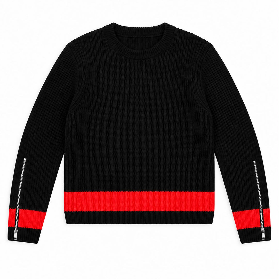 top l/s rib knit zipper detail sweater - black/coral