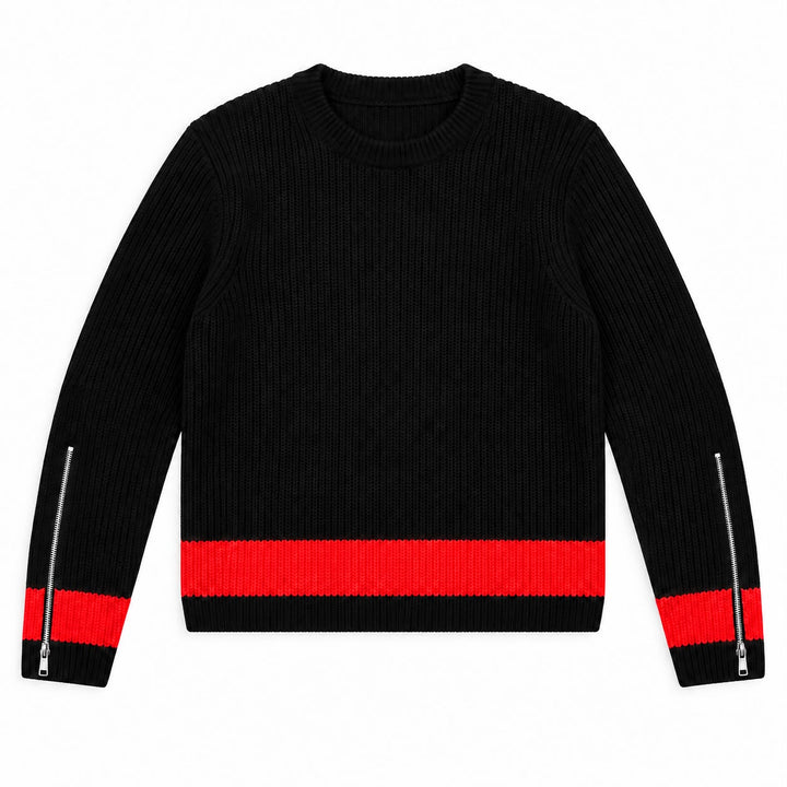 top l/s rib knit zipper detail sweater - black/coral