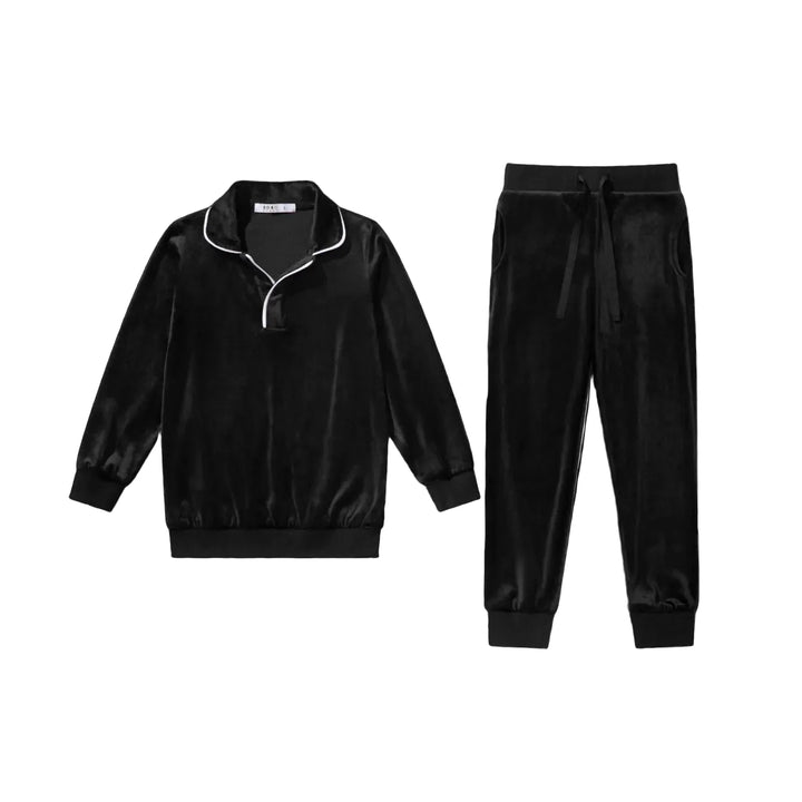 pajamas velour collared top and pants - black