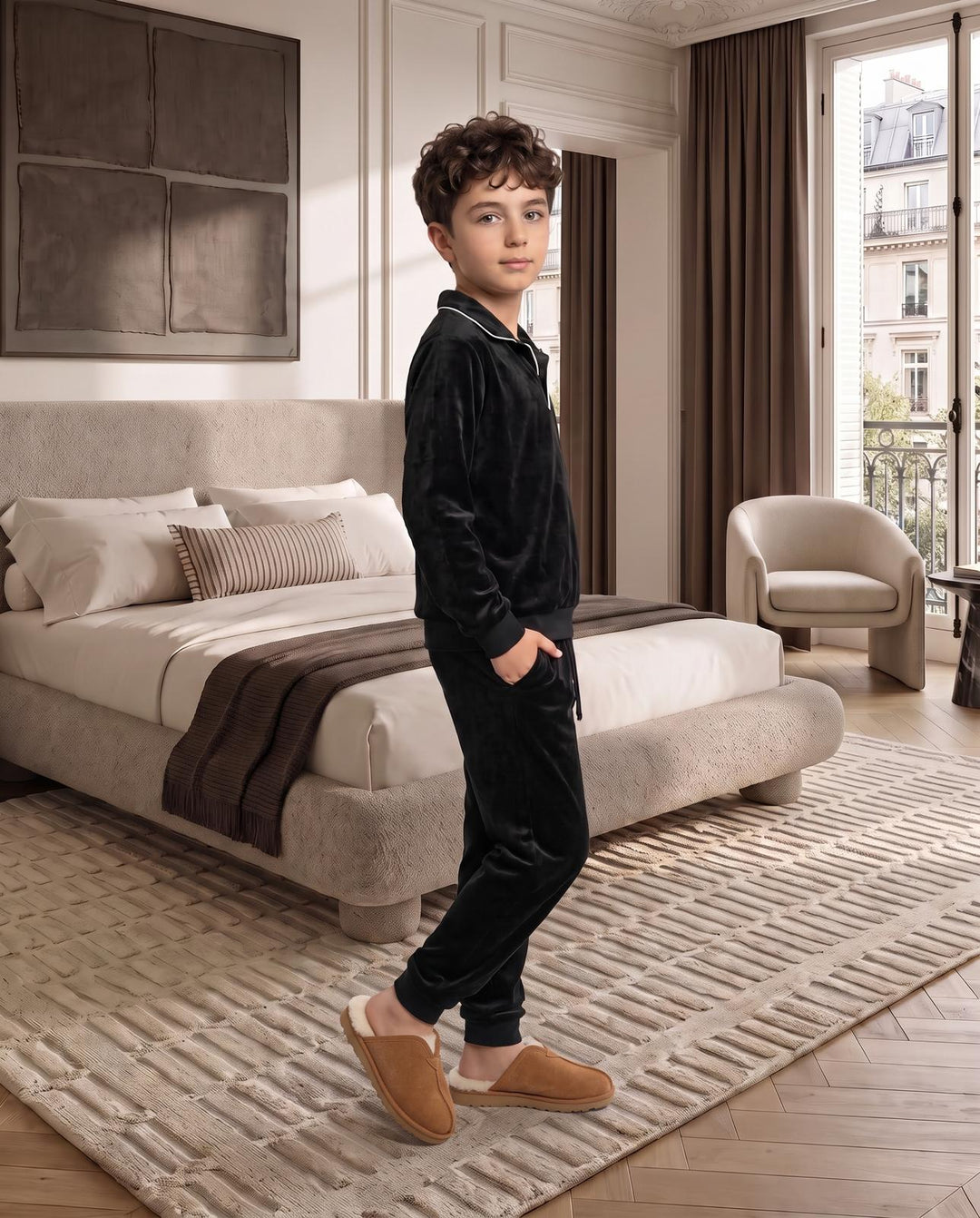 pajamas velour collared top and pants - black