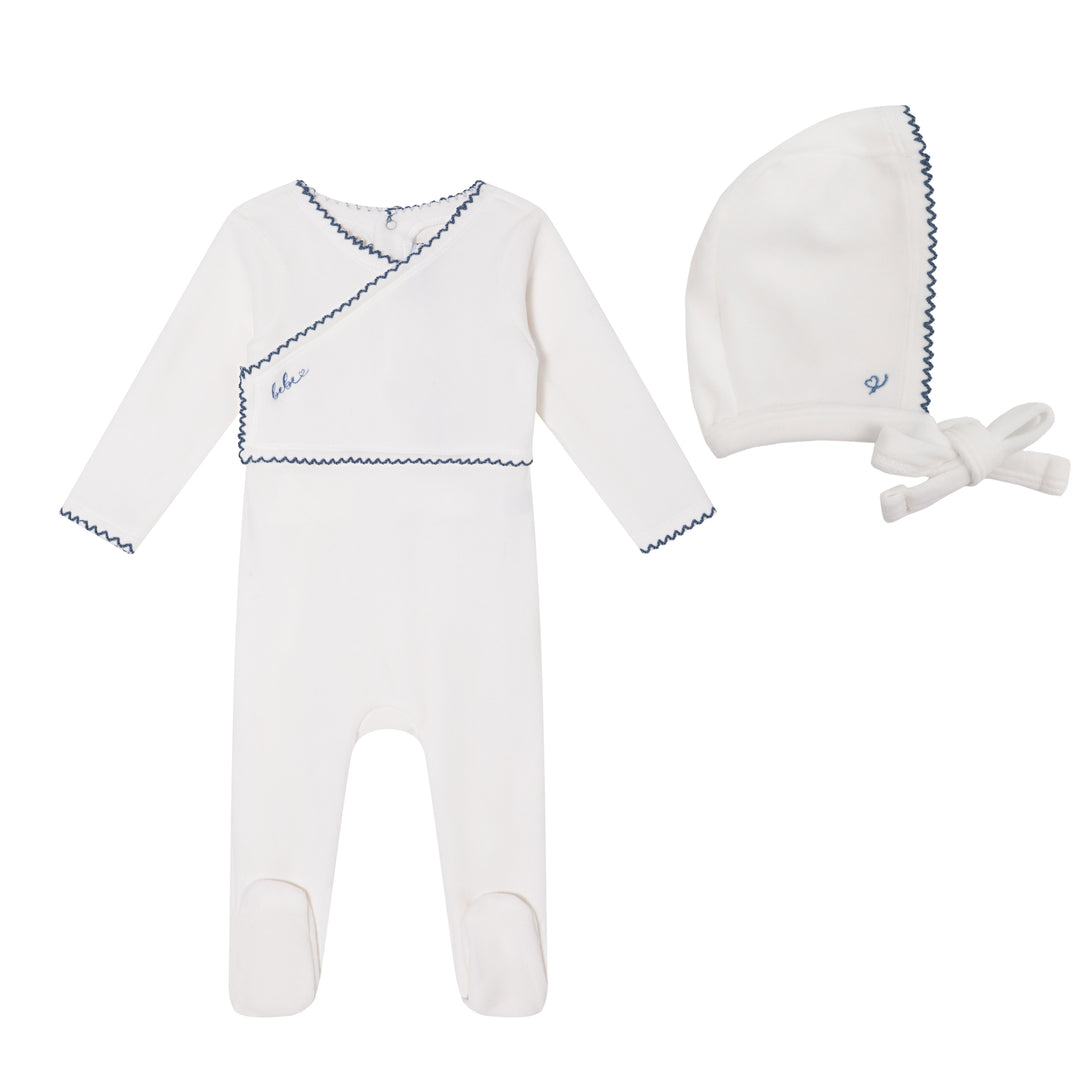 footie velour bebe with bonnet - white/blue