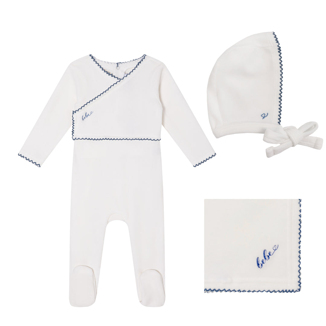 set footie velour bebe with bonnet and blanket - white/blue