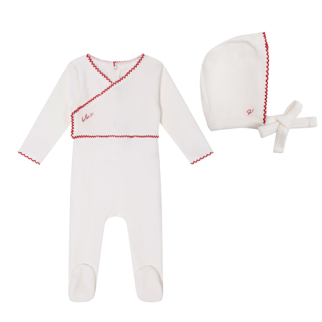 footie velour bebe with bonnet - white/red