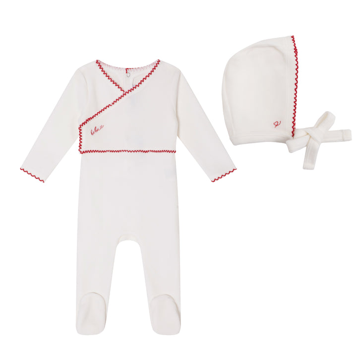 footie velour bebe with bonnet - white/red