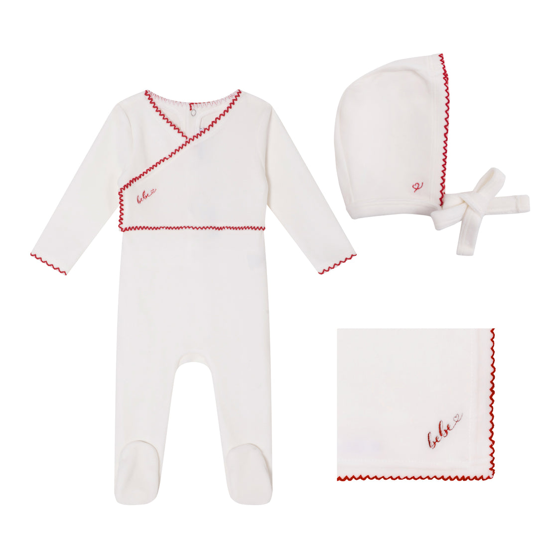 set footie velour bebe with bonnet and blanket - white/red
