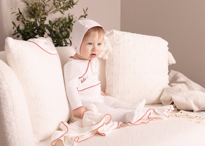 footie velour bebe with bonnet - white/red