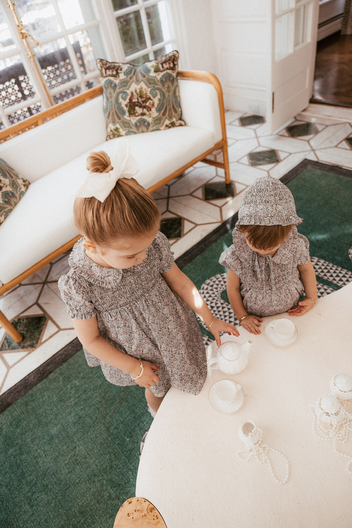 one piece whitmore romper smocked floral with collar and bonnet - lilac floral
