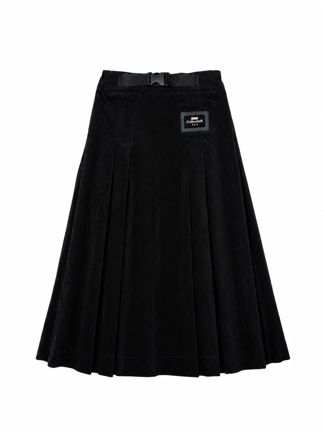 skirt midi corduroy pleated with waist buckle - black