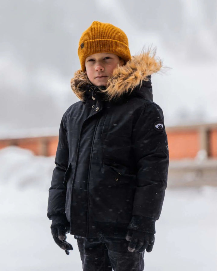 coat hidden zipper with fur hood - black