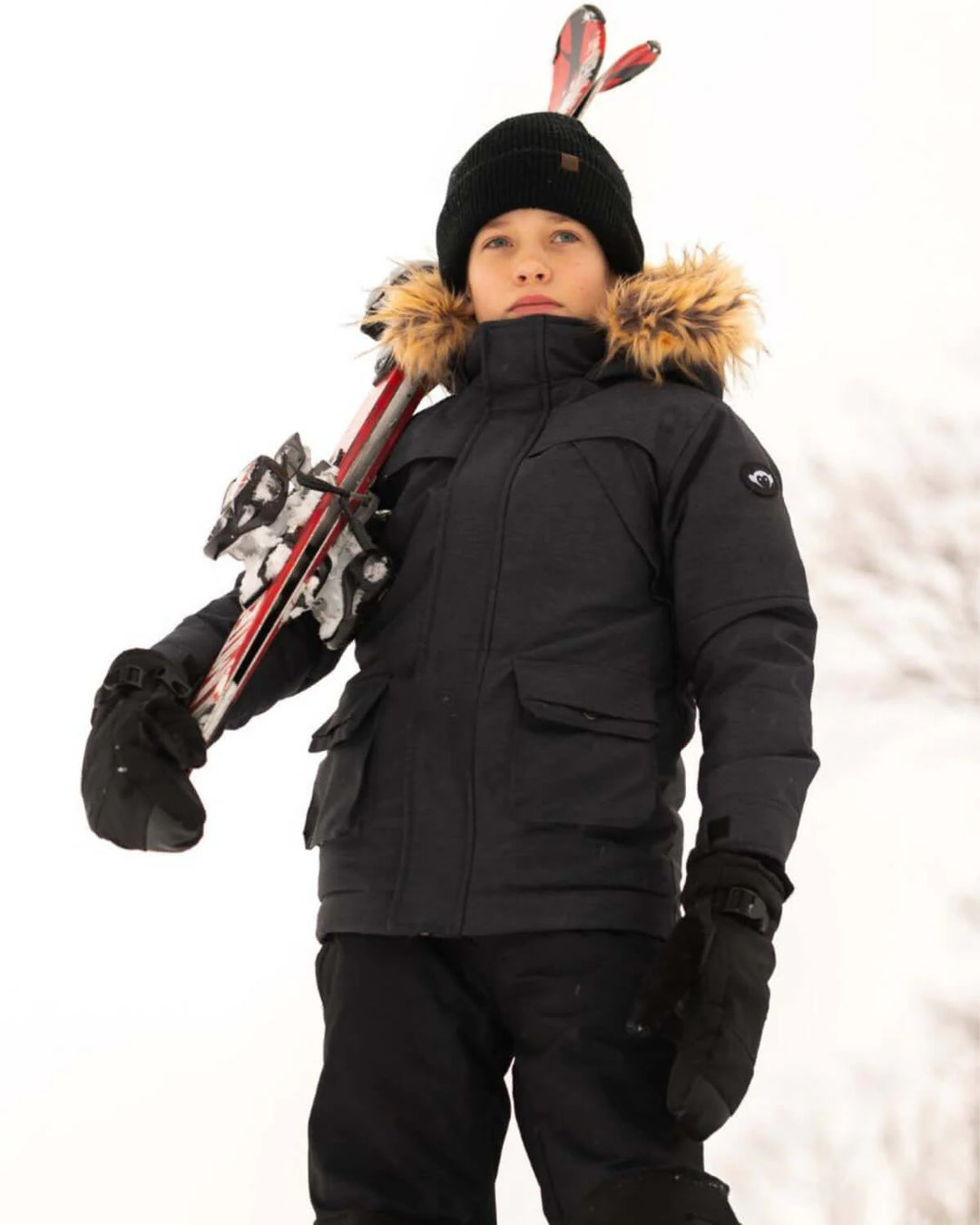 coat hidden zipper sherpa inside with fur hood - black