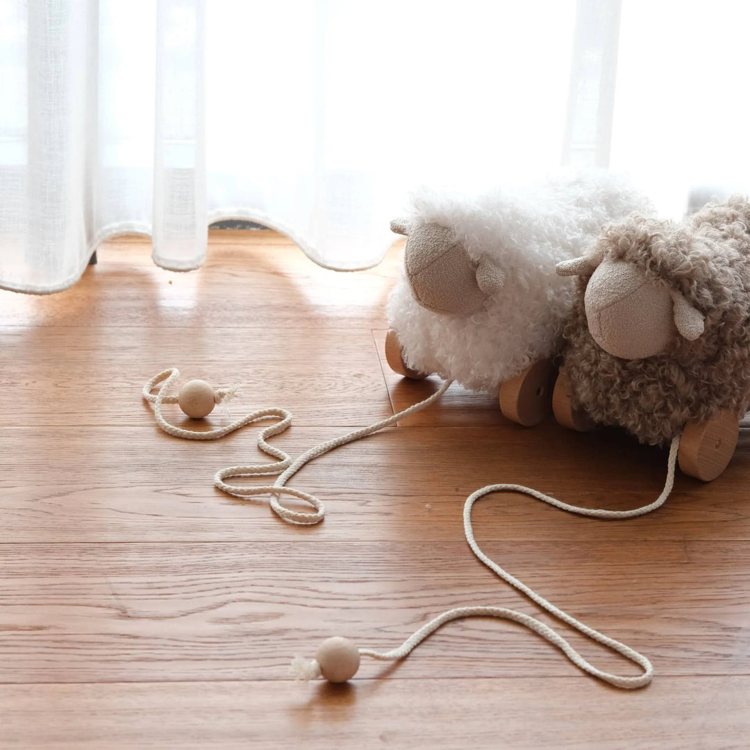 toy button pull along sheep  - taupe