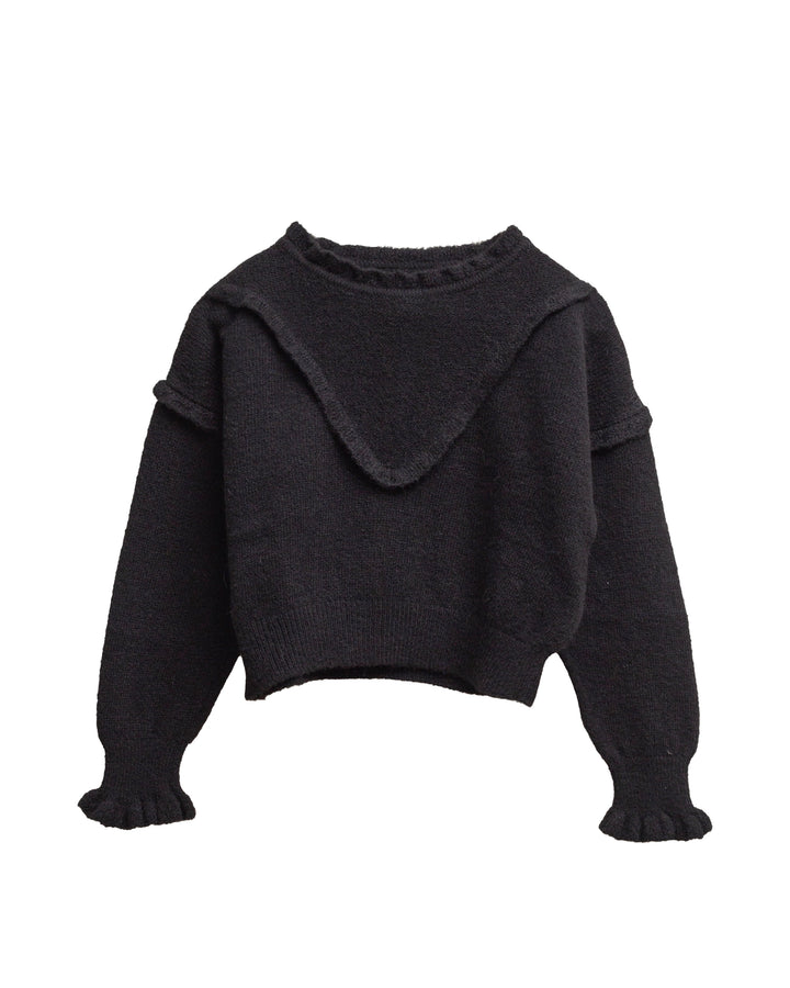 top l/s knit v frill yoke sweater - black