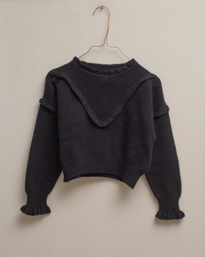 top l/s knit v frill yoke sweater - black
