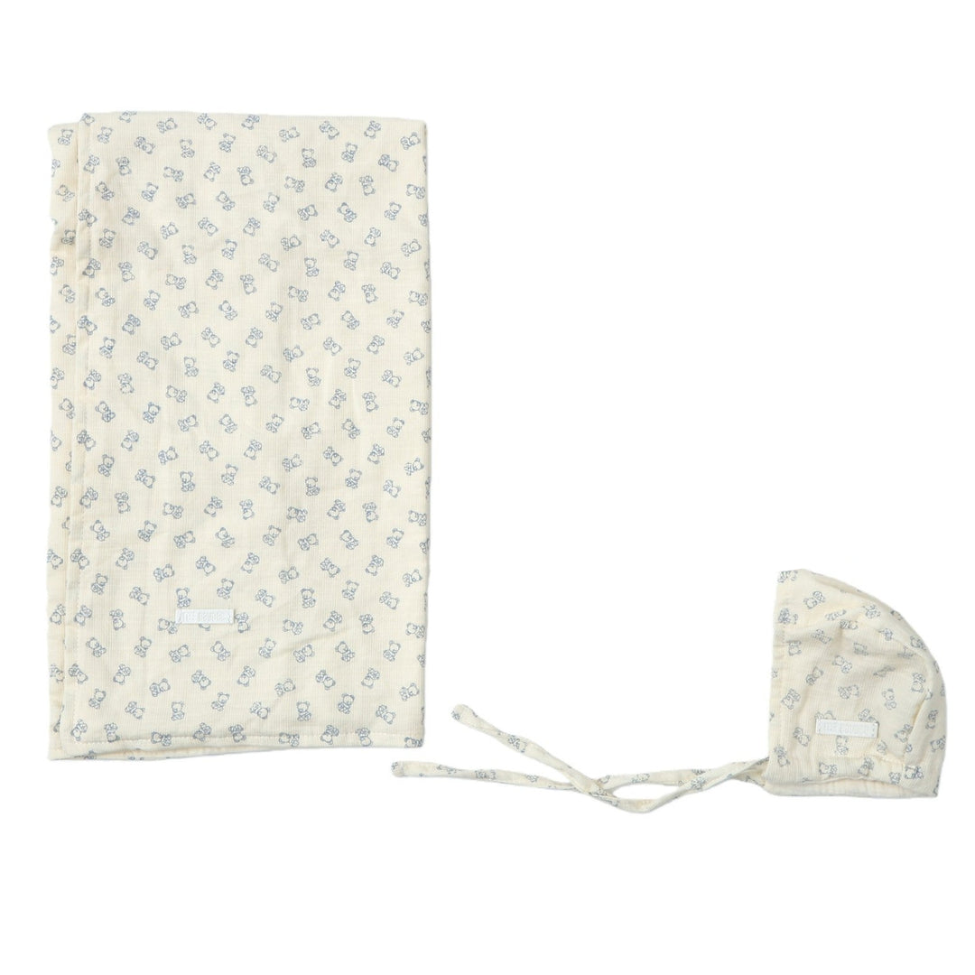 swaddle large teddy print with bonnet - blue