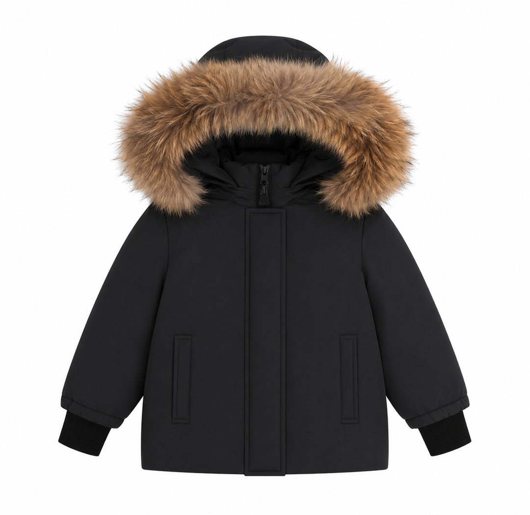 coat canvas knit cuffed with fur hood - black/natural fur