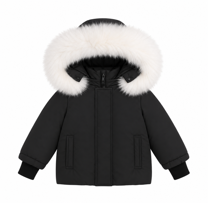 coat canvas knit cuffed with fur hood - black/white fur