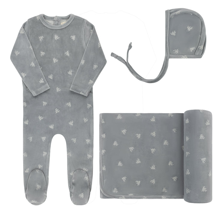 set footie velour leaf print with beanie and blanket - blue