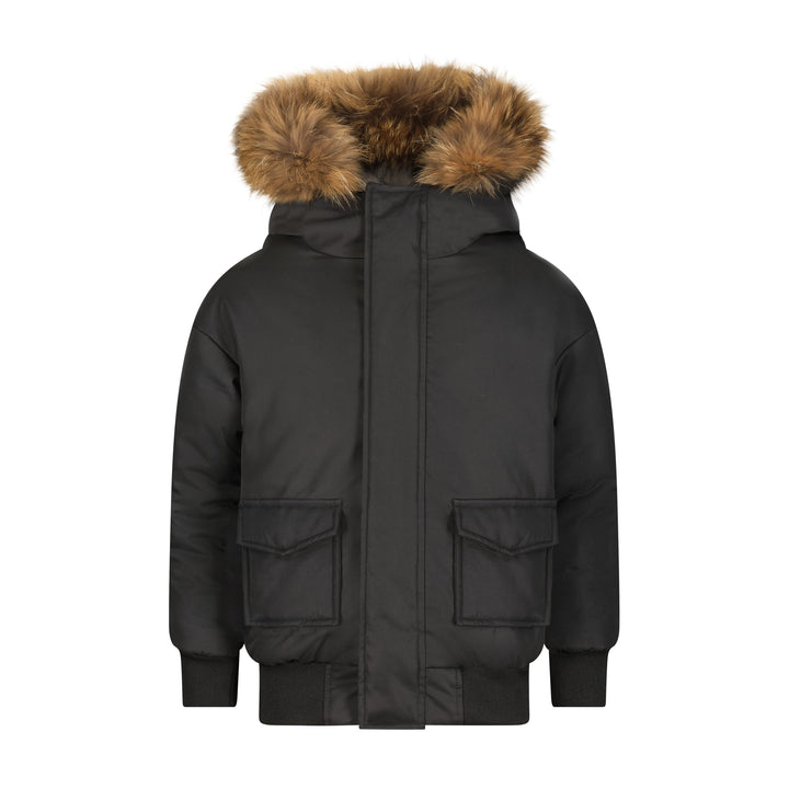 coat canvas pocket bomber style with fur hood - black