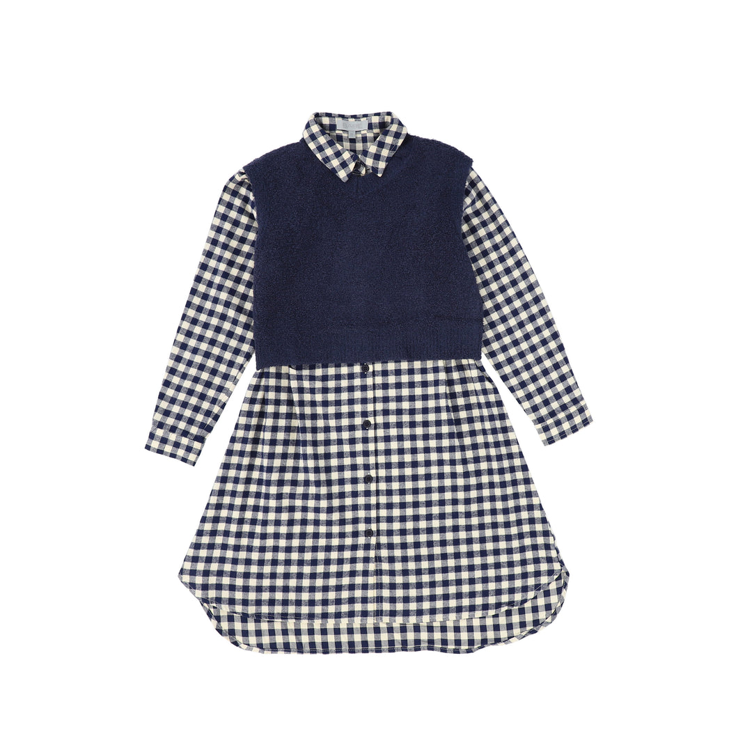 dress shirt style gingham with knit vest - navy