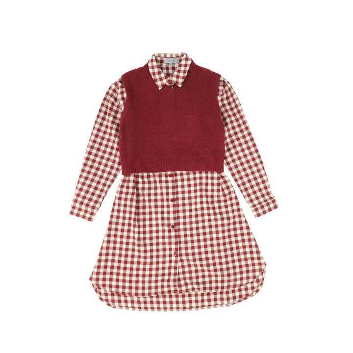 dress shirt style gingham with knit vest - red