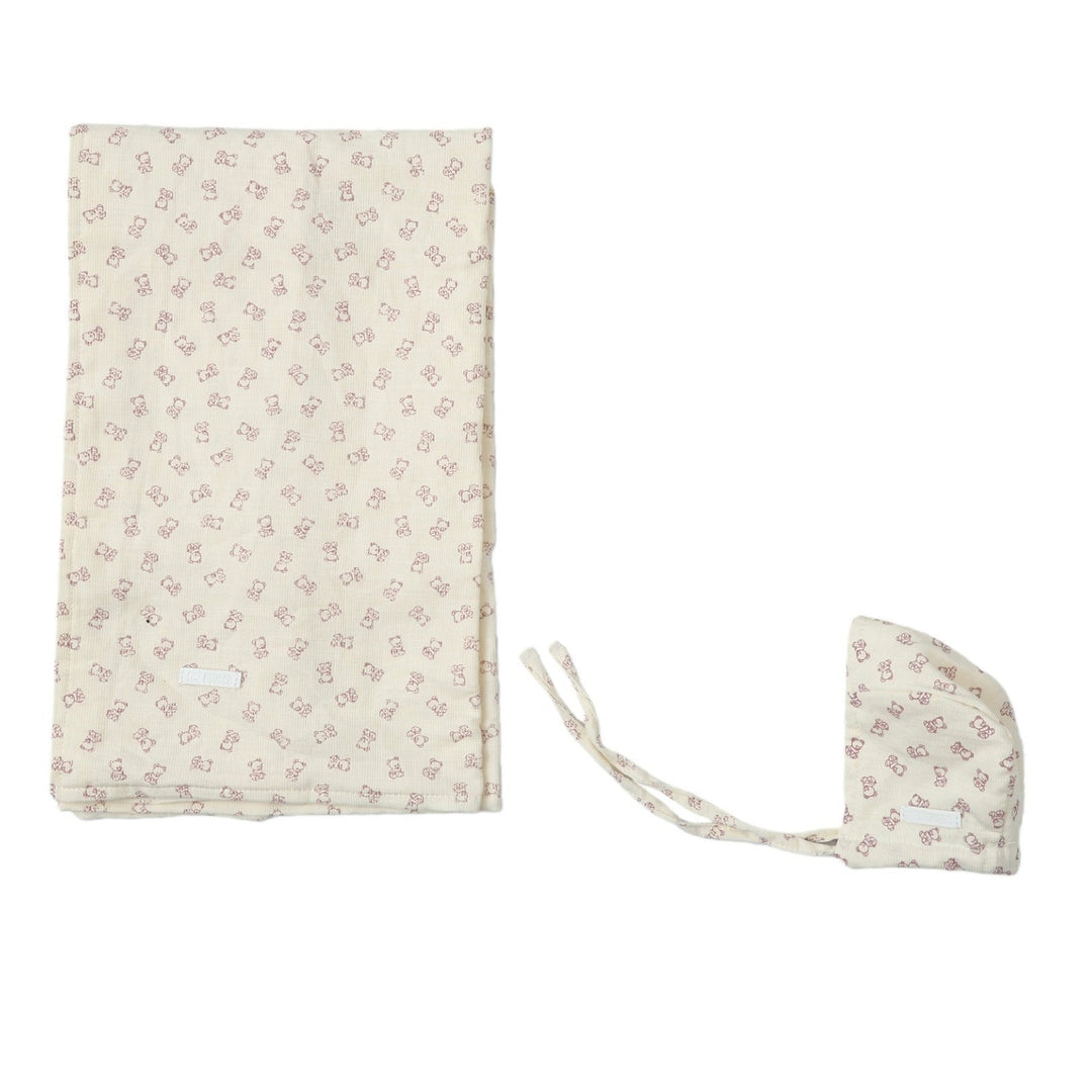 swaddle large teddy print with bonnet - pink