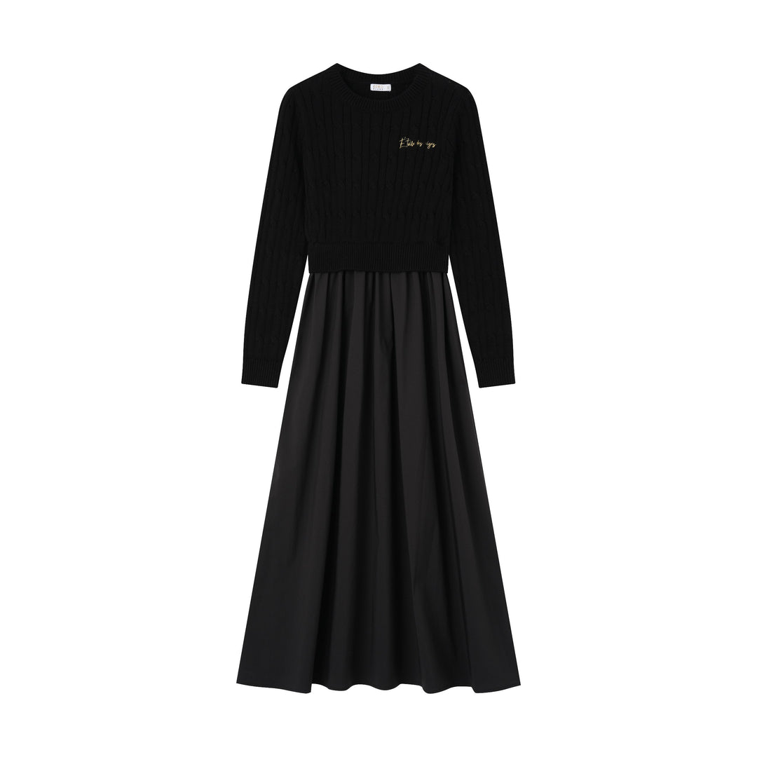 maxi dress cable knit sweater cotton flowy - black