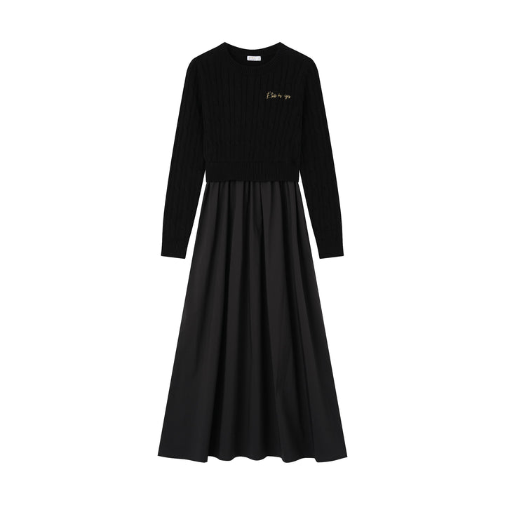 maxi dress cable knit sweater cotton flowy - black