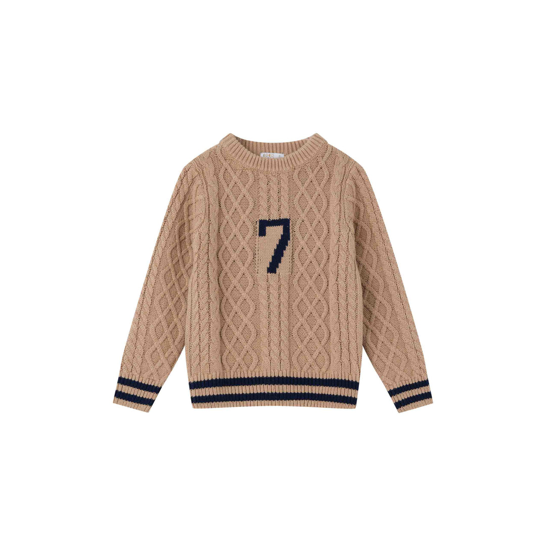 top l/s cable knit varsity sweater - tan