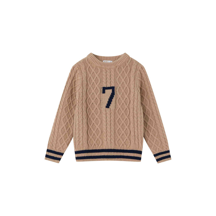 top l/s cable knit varsity sweater - tan