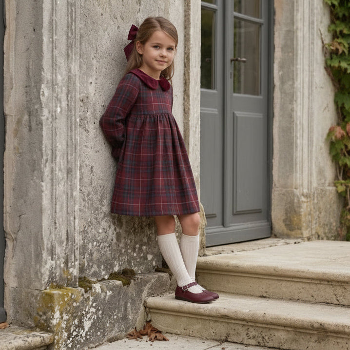 dress plaid high waisted with velour collar - burgundy