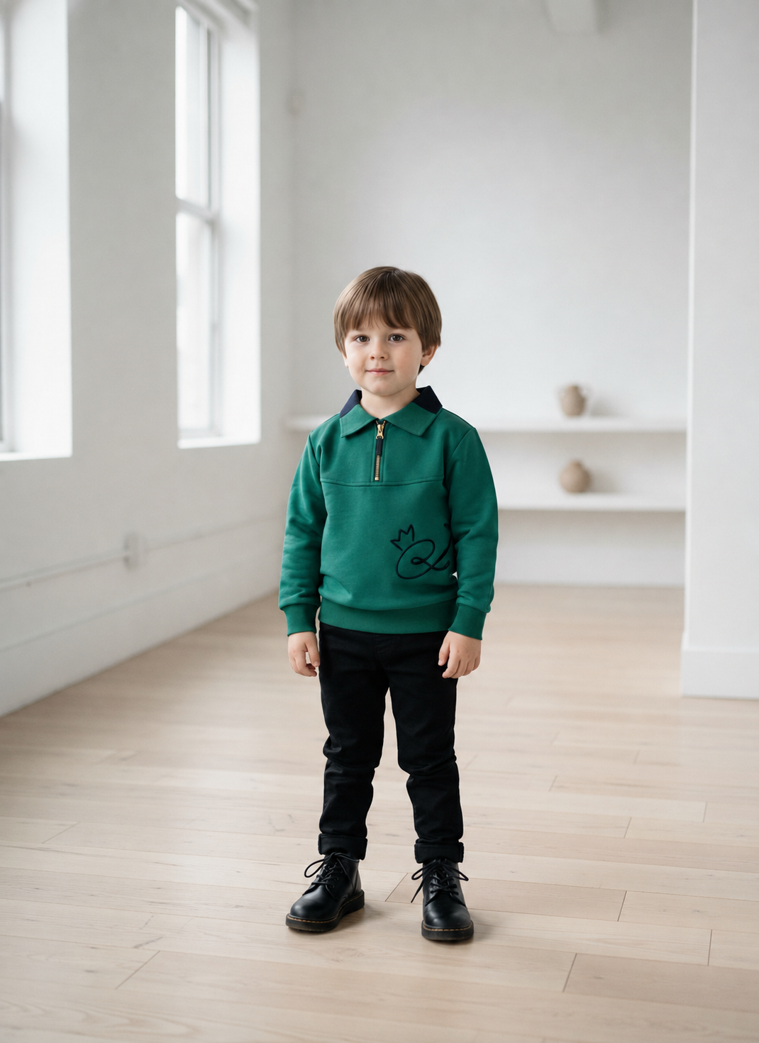 polo l/s embroidered sweatshirt with color block collar - hunter