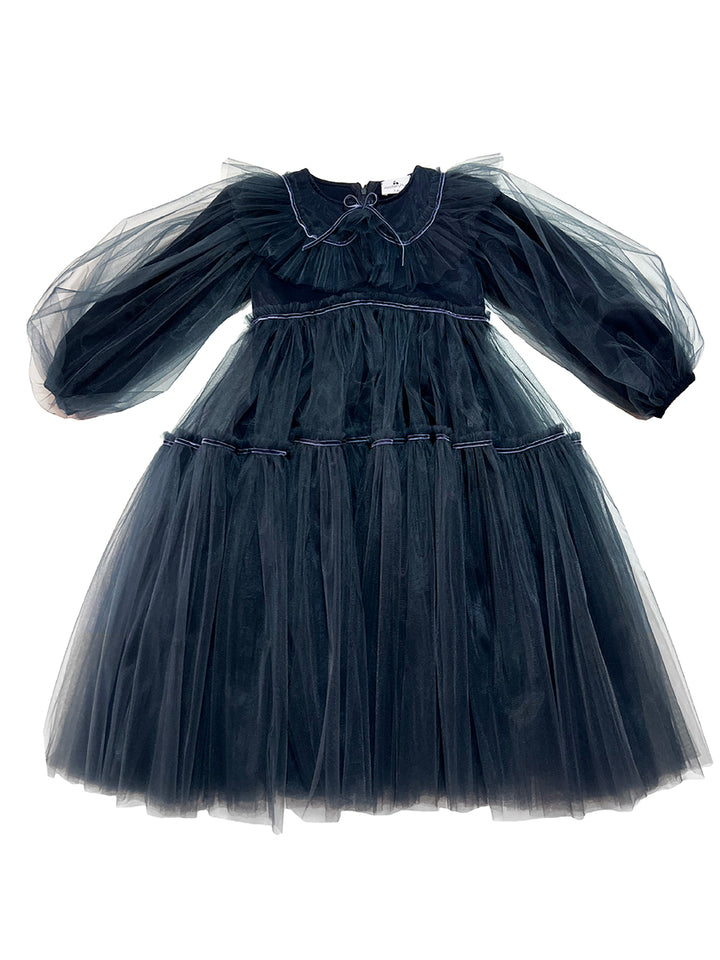 dress tulle tiered trimmed with collar - navy