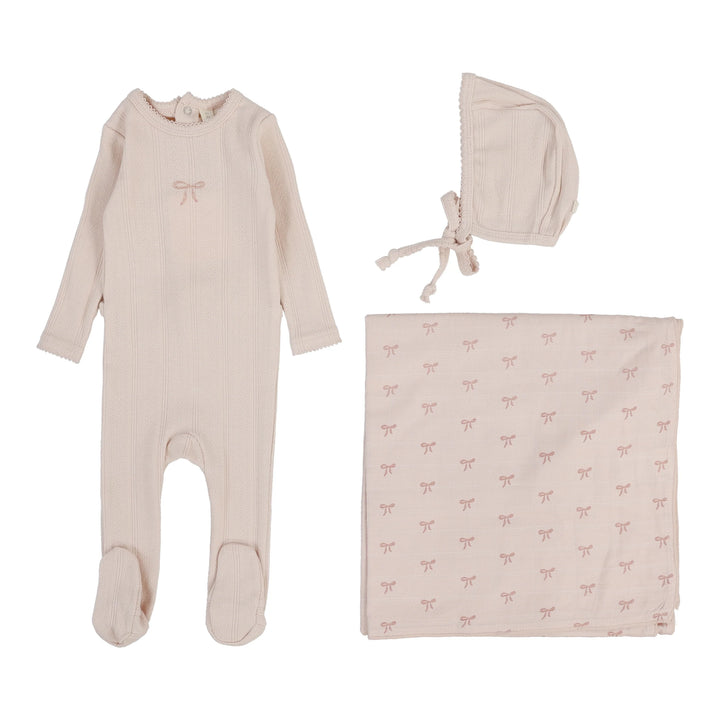 set footie pointelle graphic with bonnet and blanket - soft pink/bow