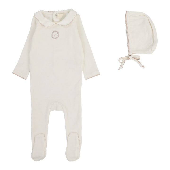 footie embroidered emblem with bonnet - cream/pink