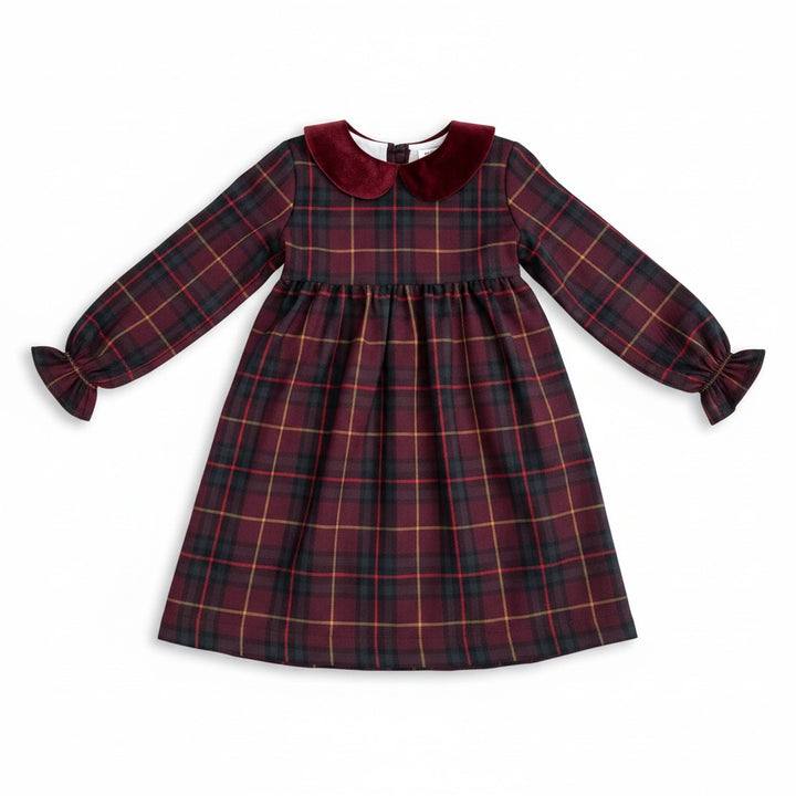 dress plaid high waisted with velour collar - burgundy
