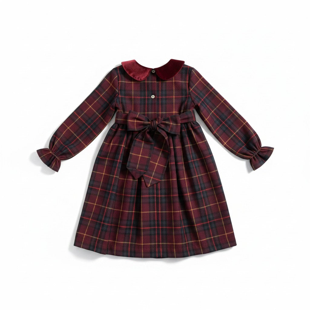 dress plaid high waisted with velour collar - burgundy
