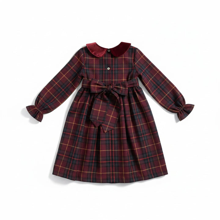 dress plaid high waisted with velour collar - burgundy