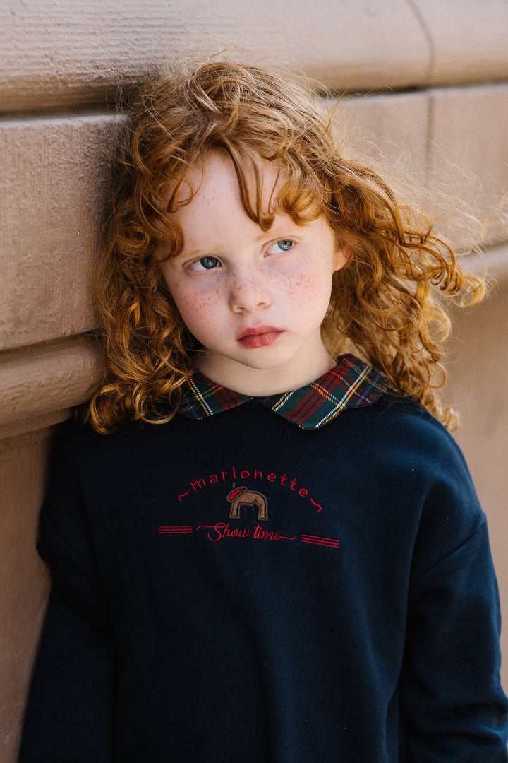 dress embroidered plaid scalloped collar - navy