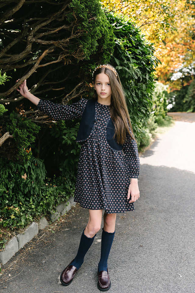 dress home garden printed double button with velvet trim - navy print