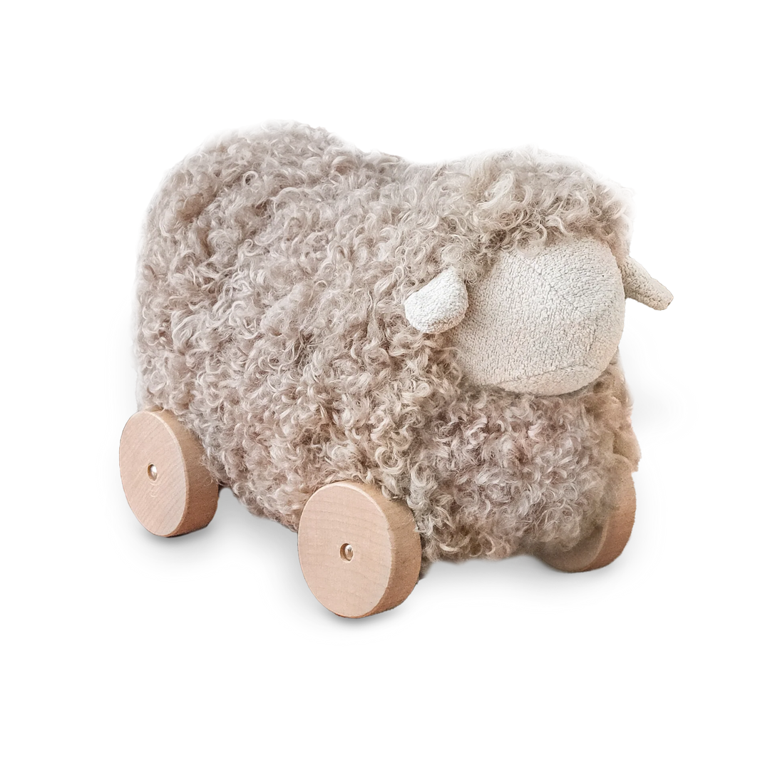 toy button pull along sheep  - taupe