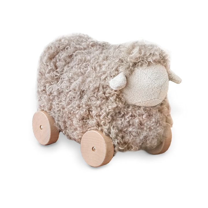 toy button pull along sheep  - taupe